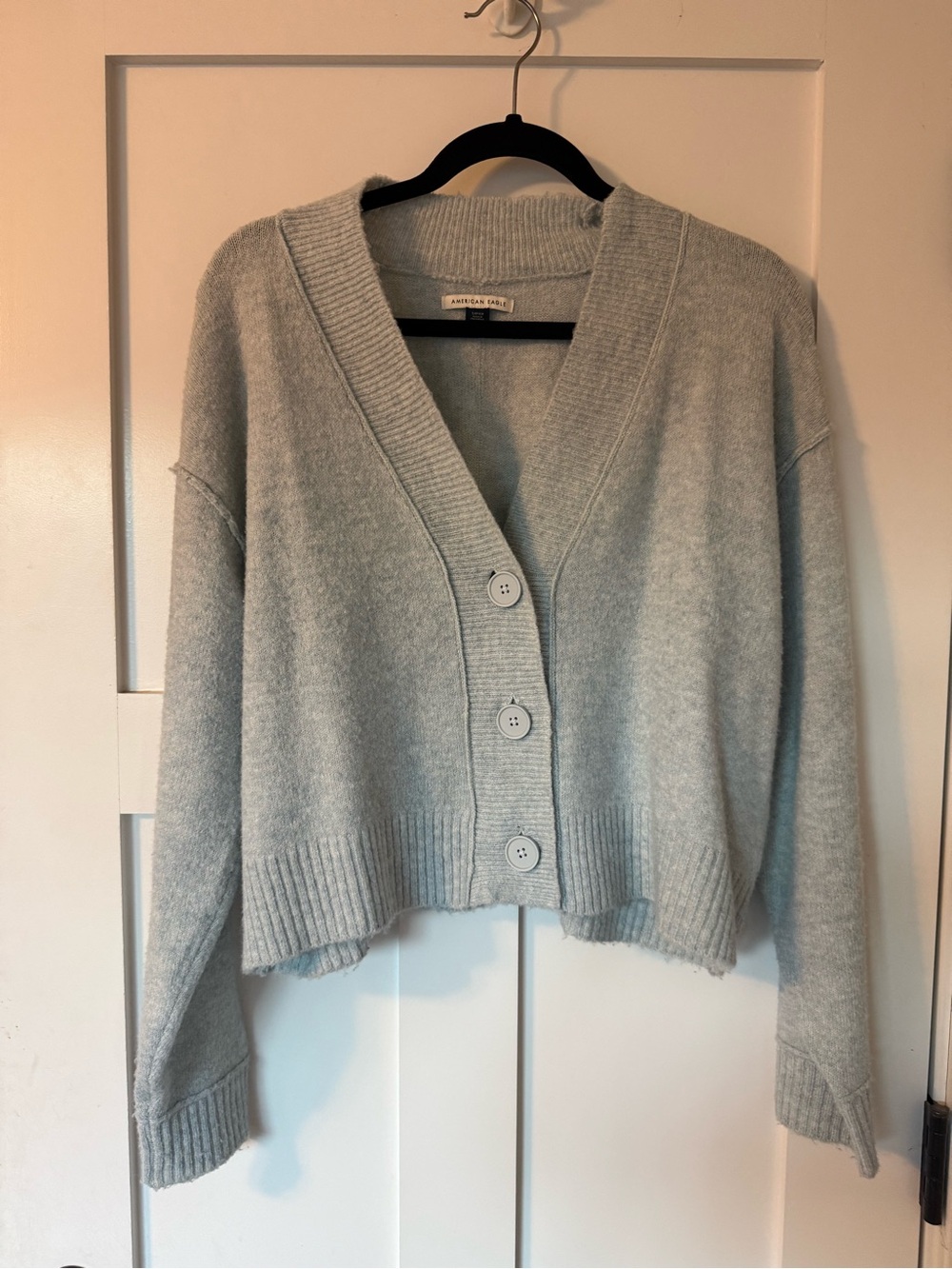 American Eagle Outfitters Light Blue Button-Front Cropped Cardigan
